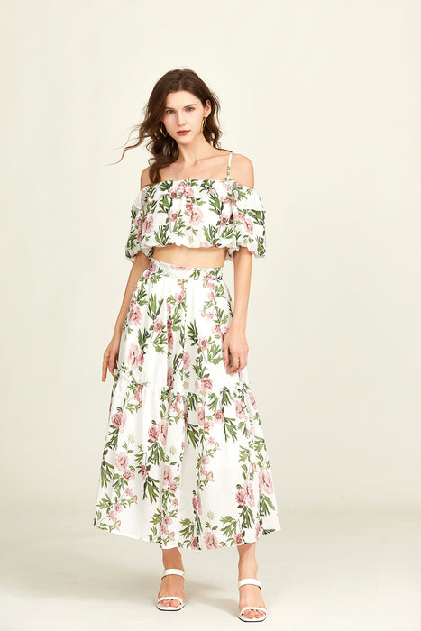 Sexy Off The Shoulder Tencel Cotton Ruffled Mid Sleeve Top Skirt Two Piece Set