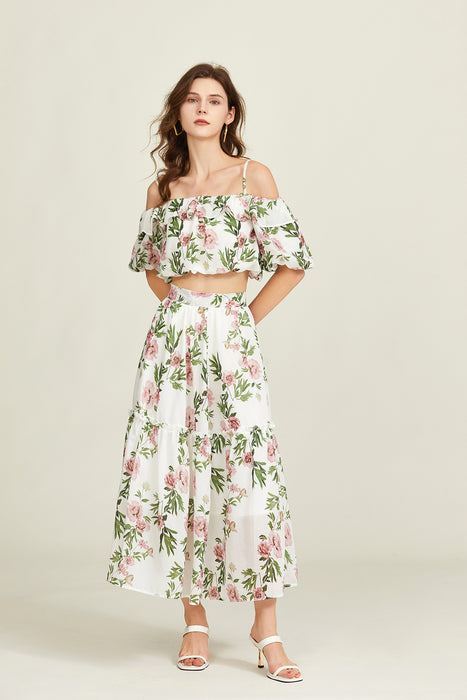 Sexy Off The Shoulder Tencel Cotton Ruffled Mid Sleeve Top Skirt Two Piece Set