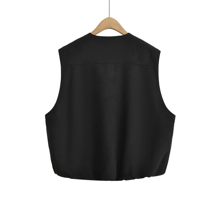 Casual Simple Crew Neck Loose Vest Zipper Vest Autumn Solid Color Pleated Inner Wear