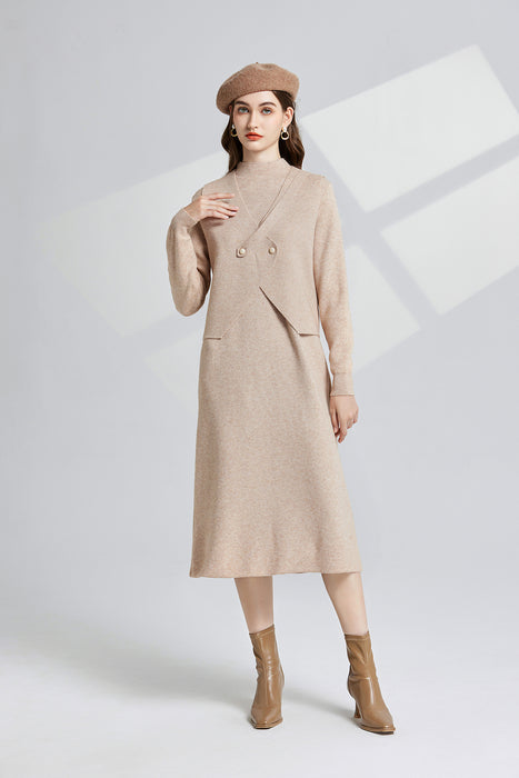 Semi High Collar Bottoming Knitted Vest Long Sleeve Dress Two Piece Set