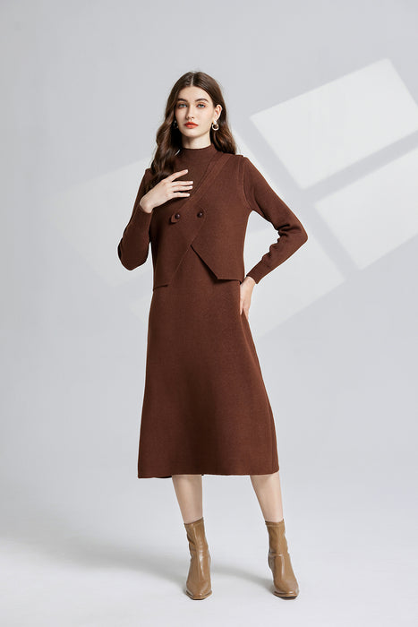 Semi High Collar Bottoming Knitted Vest Long Sleeve Dress Two Piece Set