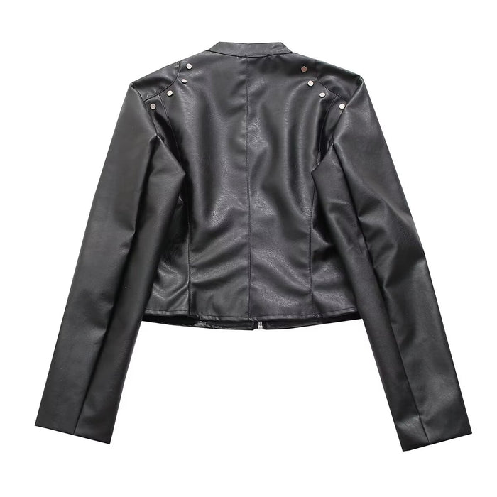 Retro Stand Collar Short Women Jacket Locomotive Handsome Women Decorative Rivets Long Sleeve Faux Leather Jacket