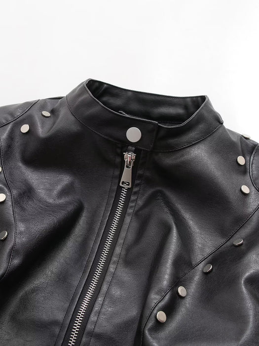 Retro Stand Collar Short Women Jacket Locomotive Handsome Women Decorative Rivets Long Sleeve Faux Leather Jacket