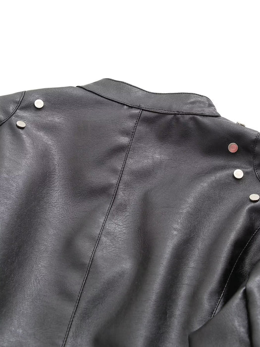 Retro Stand Collar Short Women Jacket Locomotive Handsome Women Decorative Rivets Long Sleeve Faux Leather Jacket