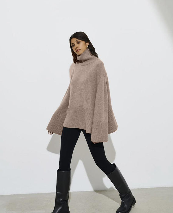 Slit Loose Knitted Pullover Solid Color High Collar Loose Women Autumn Winter Sweater