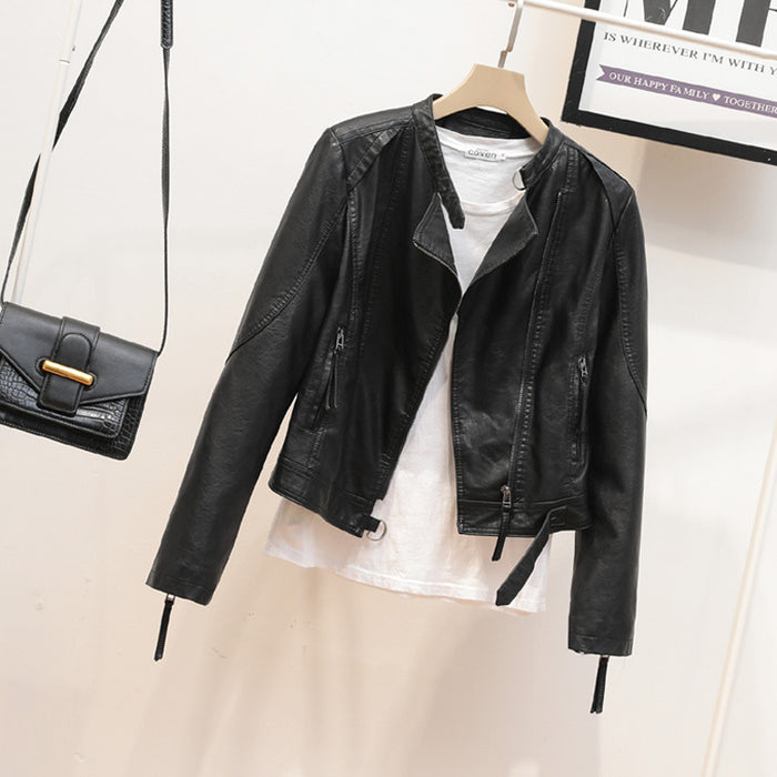 Autumn Simple Stand Collar Faux Leather Coat Women Short Korean Motorcycle Clothing Slim Leather Jacket