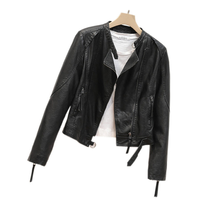 Autumn Simple Stand Collar Faux Leather Coat Women Short Korean Motorcycle Clothing Slim Leather Jacket