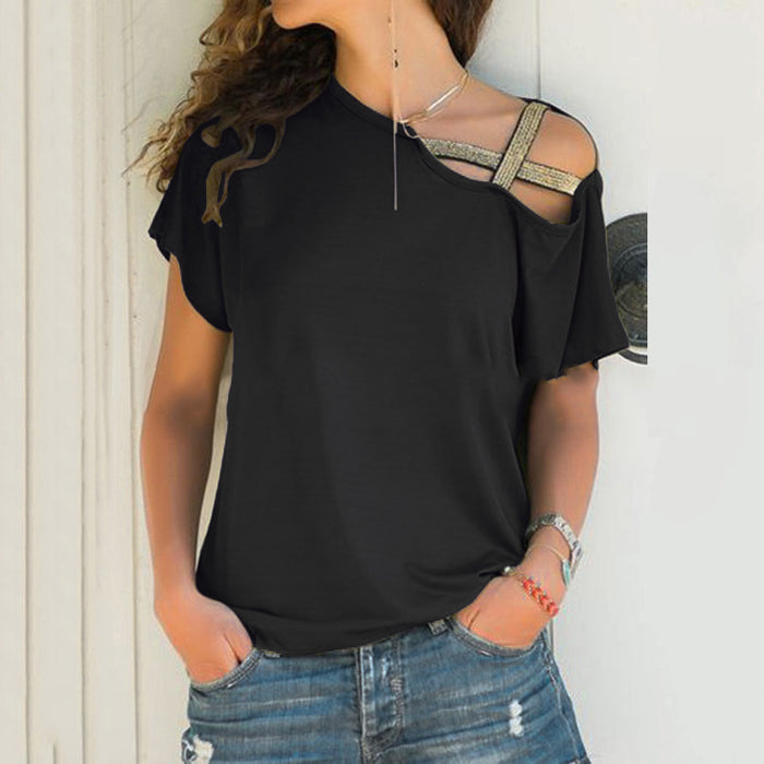 Summer Casual Criss Cross Irregular Asymmetric Short Sleeve Women Printed Wear T-shirt for Women