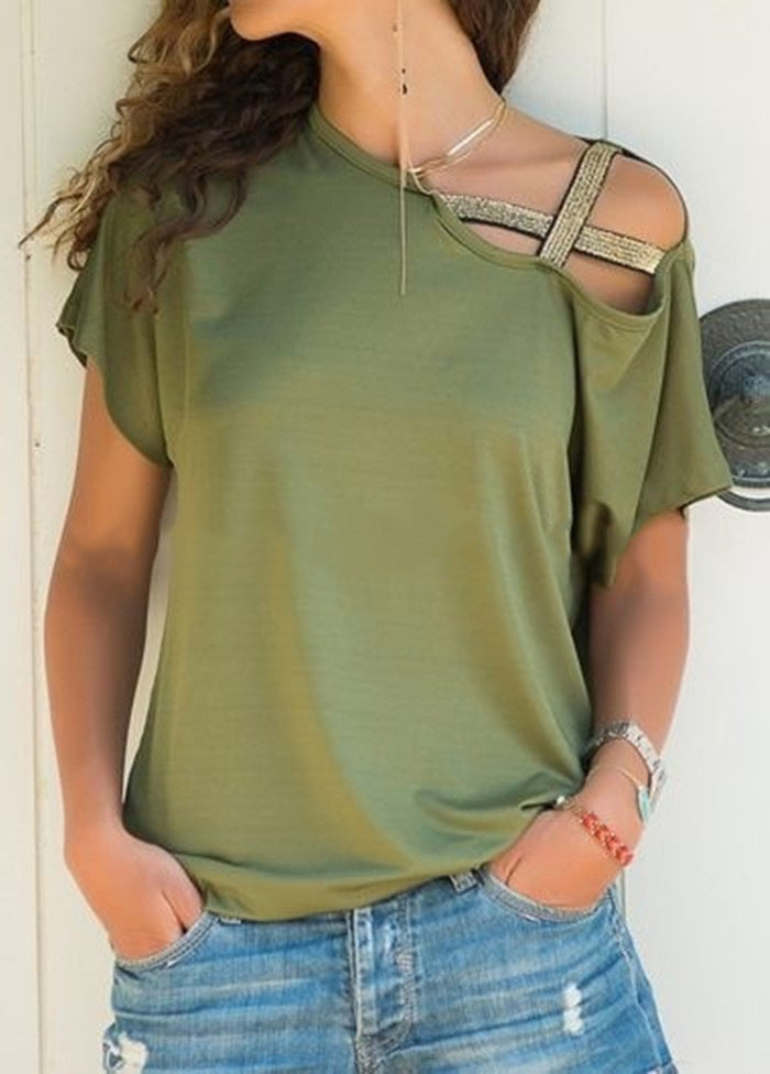 Summer Casual Criss Cross Irregular Asymmetric Short Sleeve Women Printed Wear T-shirt for Women