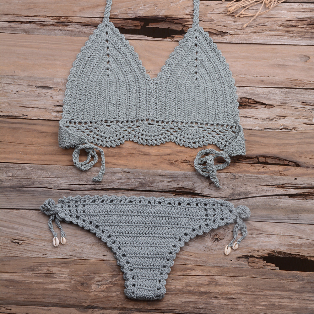 Beach Hollow-out Handmade Woven Split Strap Tank-Top Matching Shell Bikini Briefs