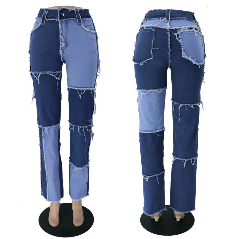 Big Variegated Stitching High Waist Tight Hip Women Clothing Straight-leg Denim Trousers