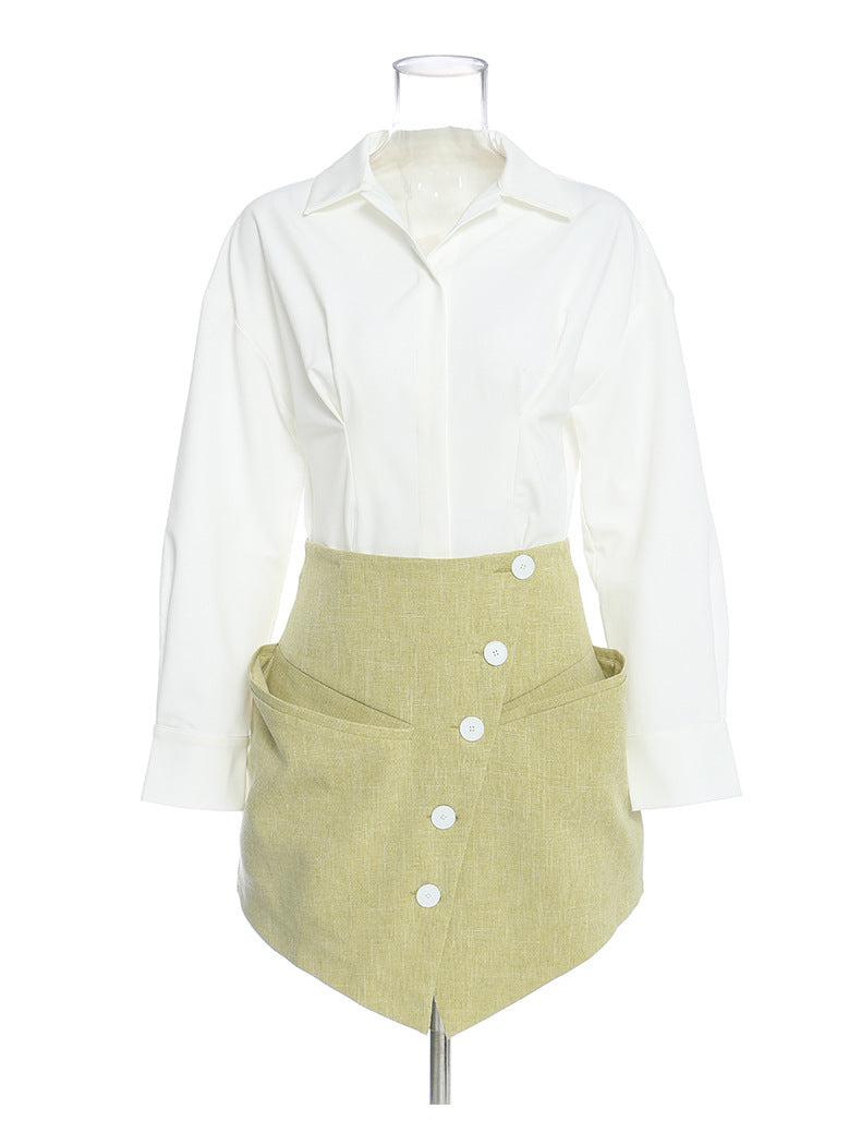 Spring Summer White Shirt Outfit Two Piece Shirt Dress Short Skirt Sets