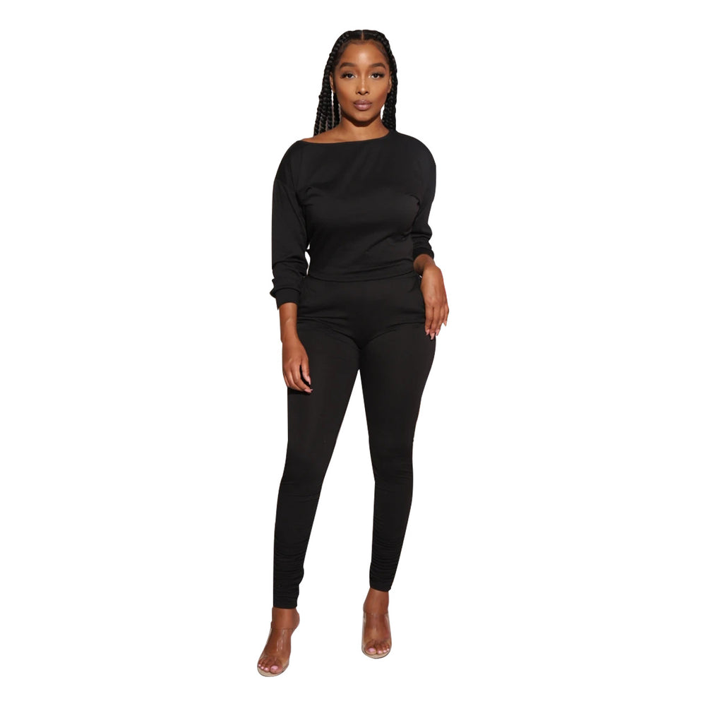 Women Clothing Women Long Sleeved off-Shoulder Pleated Pants Set Two Piece Set