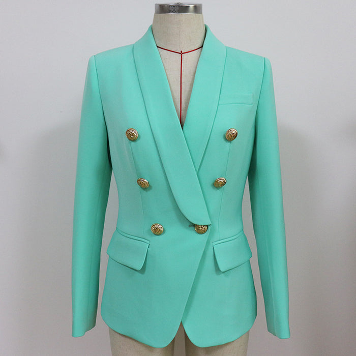 Star Women Blazer Head Metal Buckle Double Breasted Green Collar Blazer Mint Green