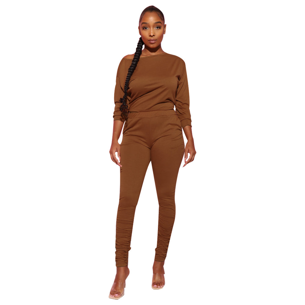 Women Clothing Women Long Sleeved off-Shoulder Pleated Pants Set Two Piece Set