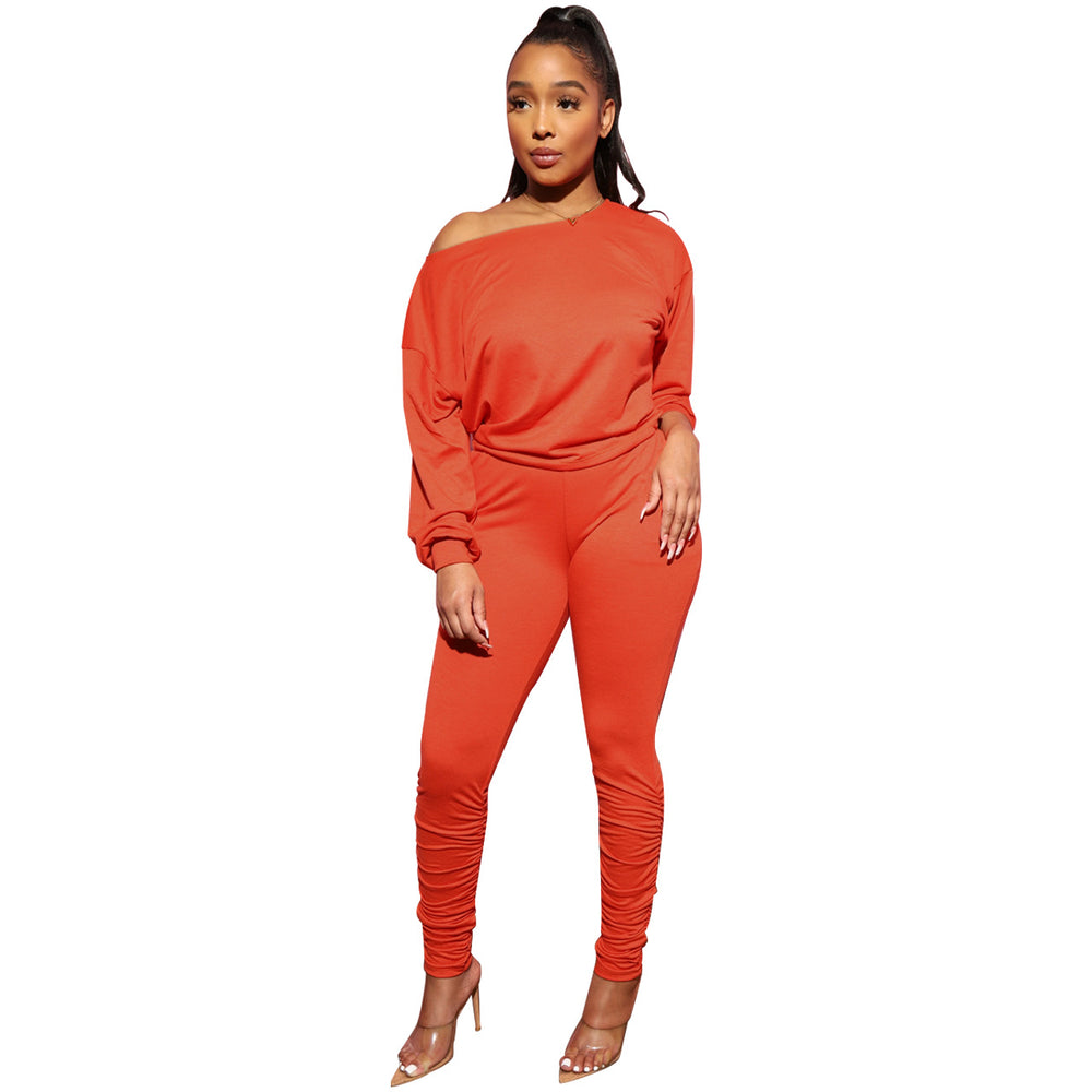 Women Clothing Women Long Sleeved off-Shoulder Pleated Pants Set Two Piece Set