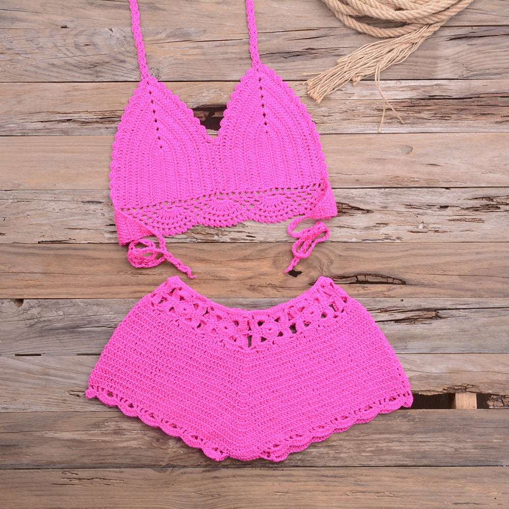 Sports Outdoor Beach Vacation Hand Crocheting Woven Lace Hollow Out Cutout Split Bikini Swimsuit