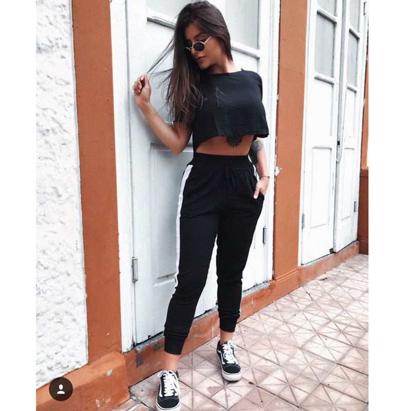 Summer Popular Women Clothing round Neck Short Sleeve cropped Exposed Casual Suit