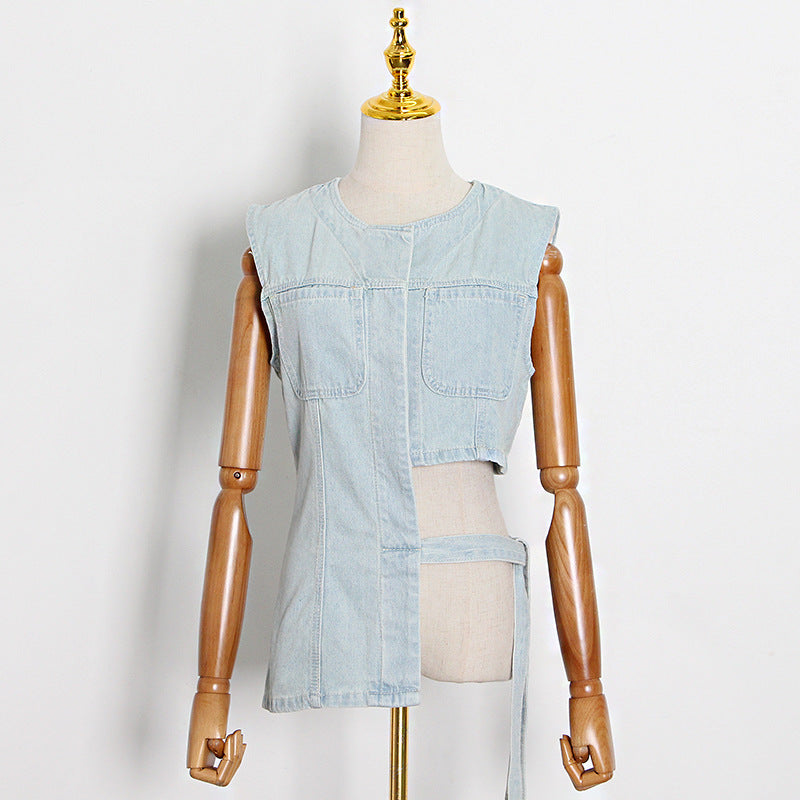 Summer Niche round Neck Single-Breasted Design Irregular Asymmetric with Personality Washed Light Color Denim Vest Top