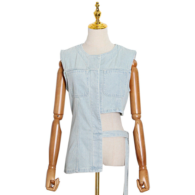 Summer Niche round Neck Single-Breasted Design Irregular Asymmetric with Personality Washed Light Color Denim Vest Top