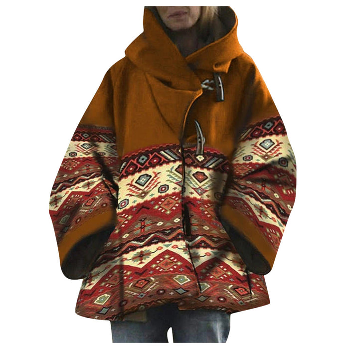 Winter Autumn Winter Women Loose Retro Printed Woolen Coat