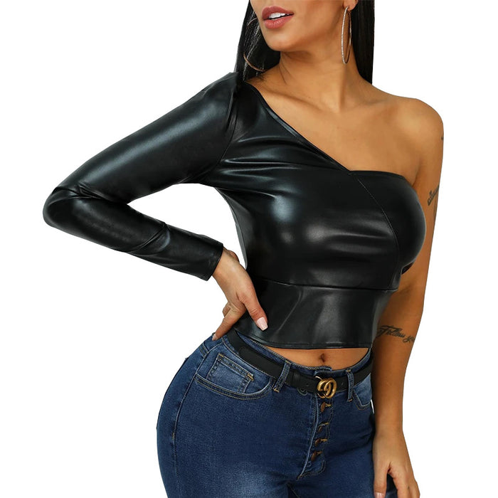 Spring/Summer One-Shoulder Faux Leather Top Women Clothing Irregular Asymmetric Diagonal Collar Short Cropped Outfit tagram T-shirt