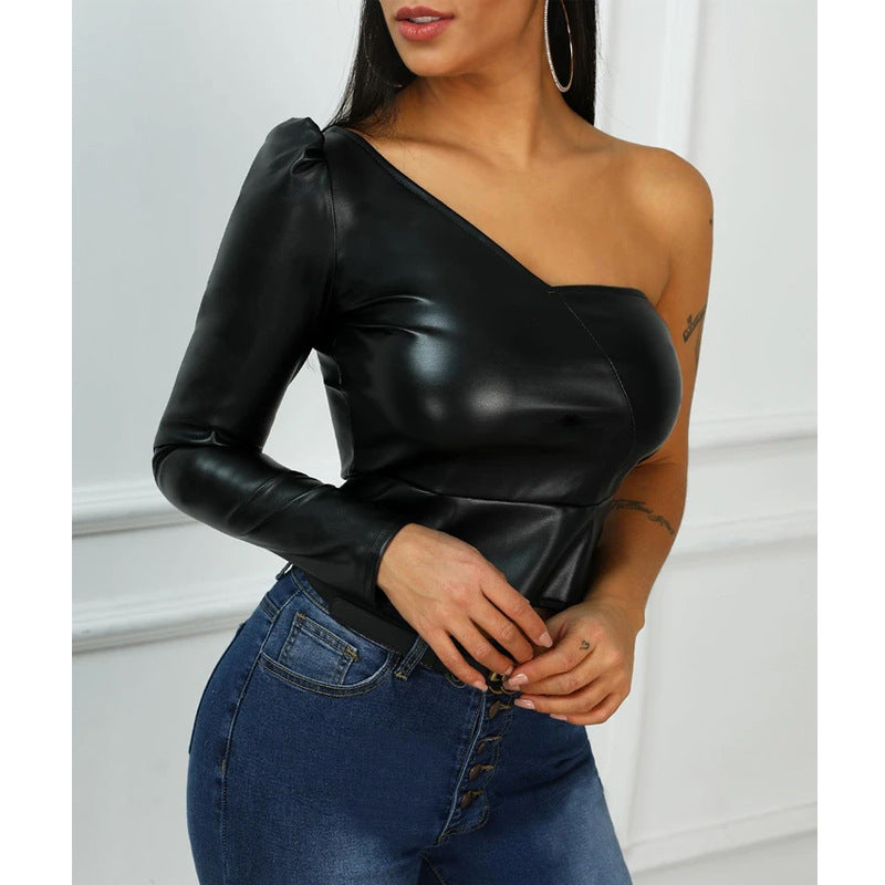 Spring/Summer One-Shoulder Faux Leather Top Women Clothing Irregular Asymmetric Diagonal Collar Short Cropped Outfit tagram T-shirt