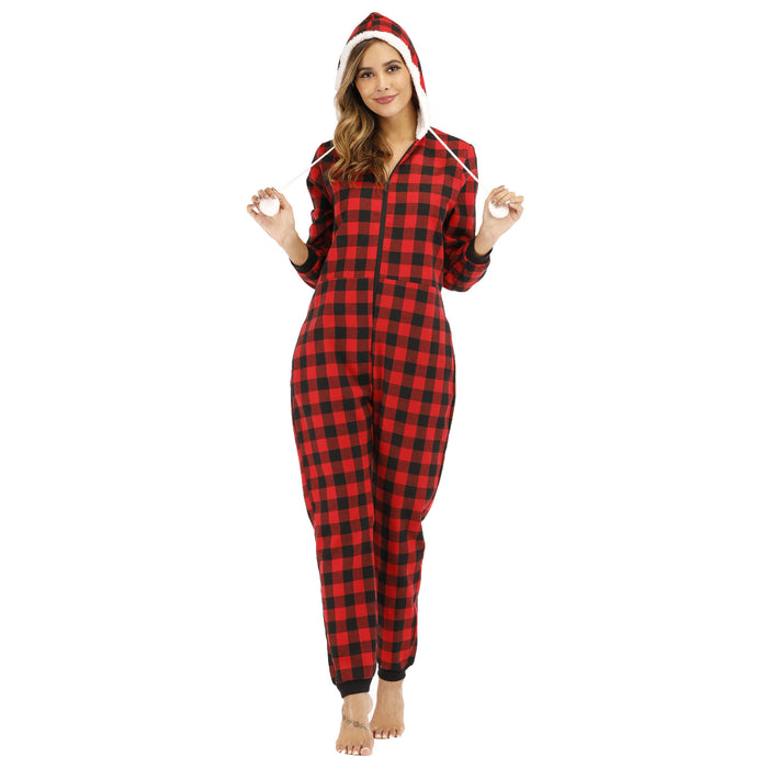 Popular Women Cotton Plaid Hooded Jumpsuit Home Wear Pajamas