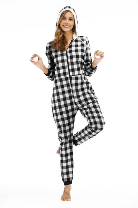 Popular Women Cotton Plaid Hooded Jumpsuit Home Wear Pajamas