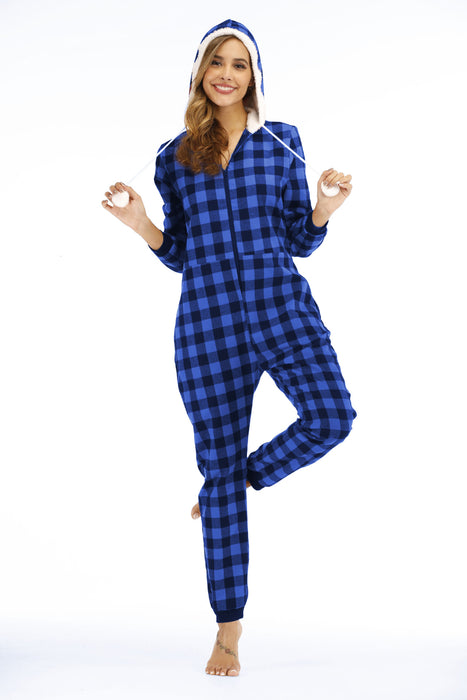 Popular Women Cotton Plaid Hooded Jumpsuit Home Wear Pajamas