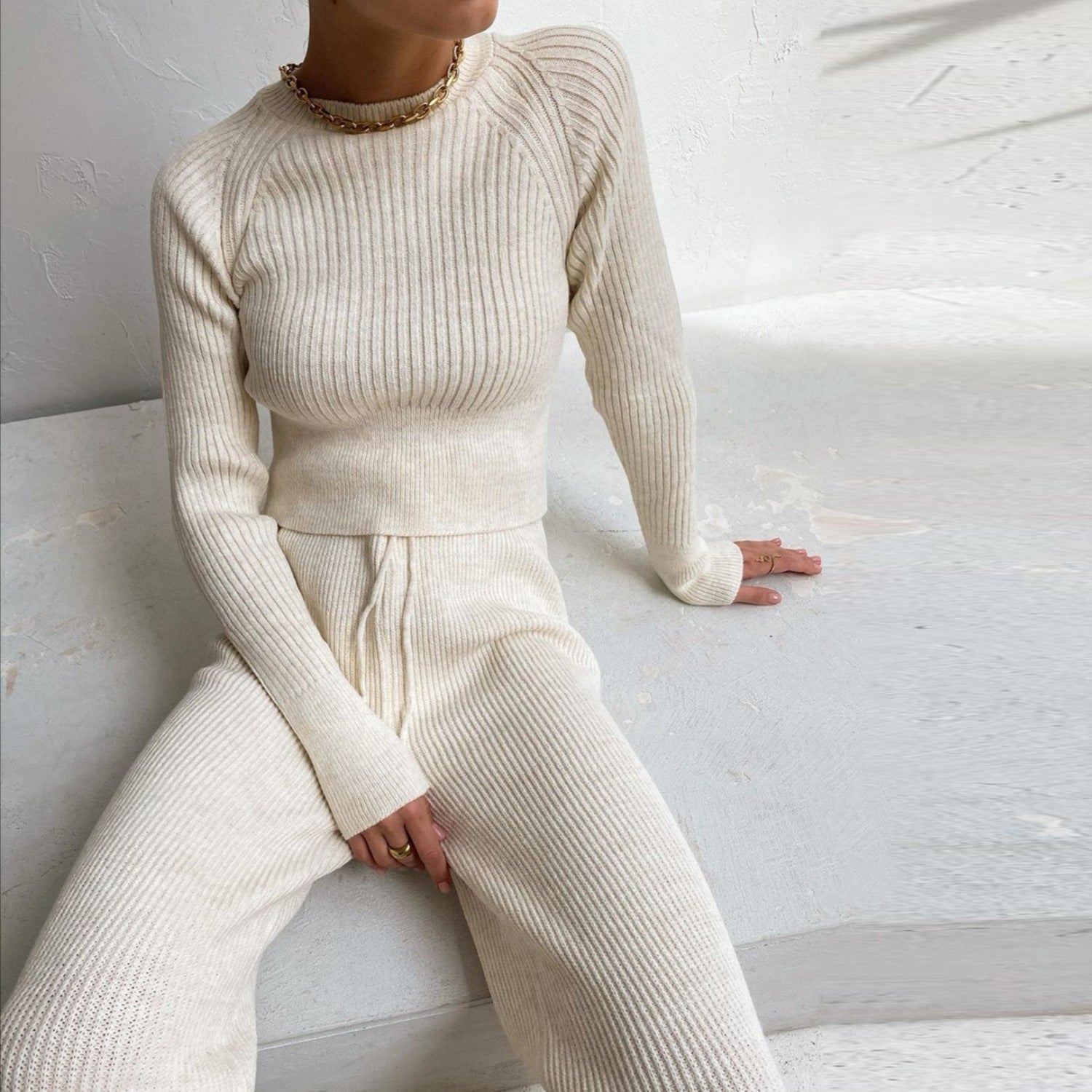 Women Wide leg Pants Long Sleeve Solid Color Warm Sweater Sets