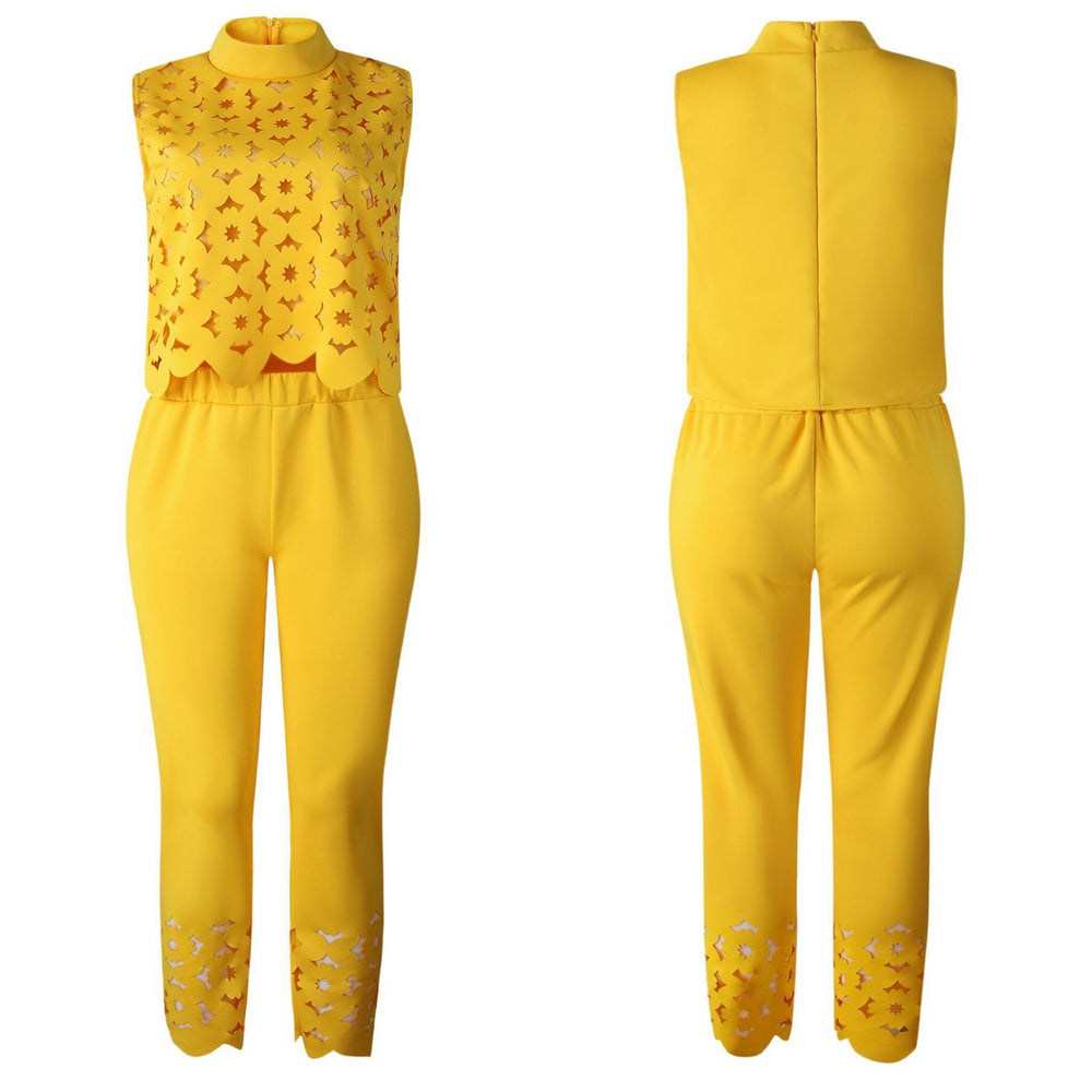 Slimming Sleeveless Hollow Out Cutout Top Pants Yellow Suit