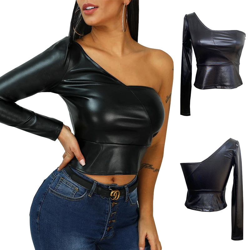Spring/Summer One-Shoulder Faux Leather Top Women Clothing Irregular Asymmetric Diagonal Collar Short Cropped Outfit tagram T-shirt