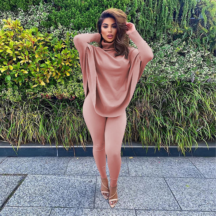 Winter Solid Color Batwing Long Sleeve Two-Piece Set Casual Set