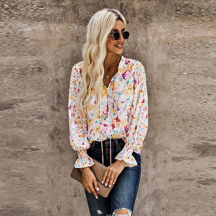 Autumn Winter Cardigan Button Floral Chiffon Shirt Women Loose Top