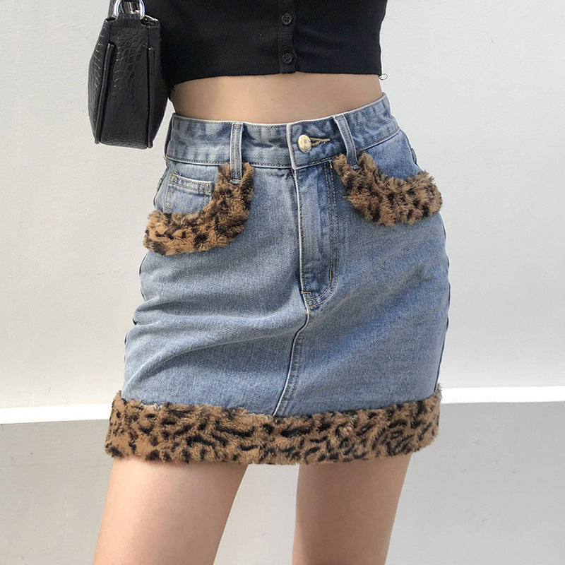 Spring Summer Women Wear Street Leopard Splicing Denim A line Overall Agent Skirt