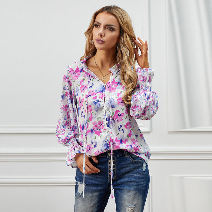 Autumn Winter Cardigan Button Floral Chiffon Shirt Women Loose Top