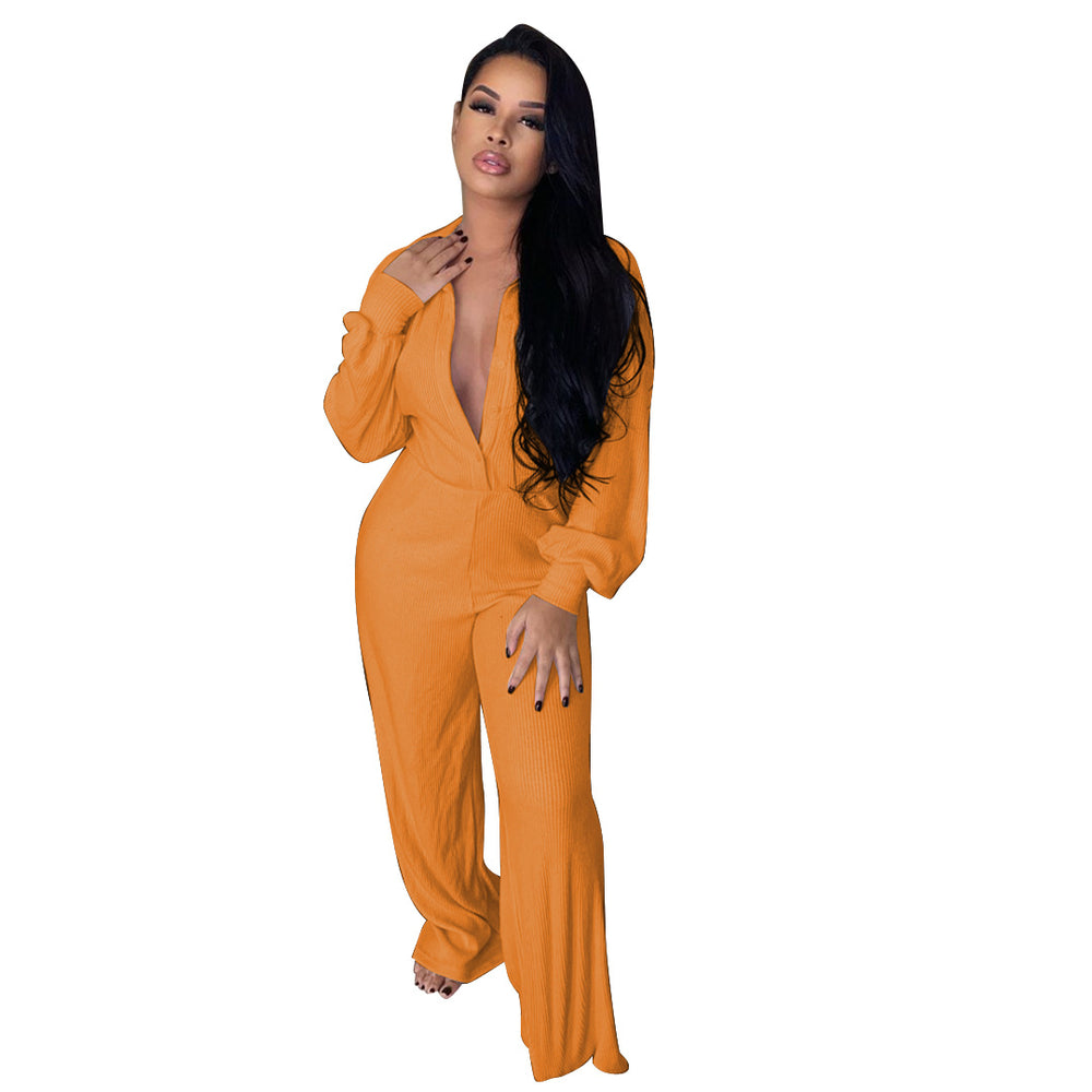 Solid Color Rib Fabric Casual Sexy Loose Slightly Flared Jumpsuit