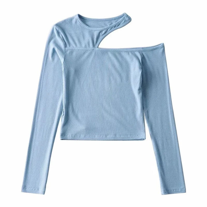 Women Clothing Spring Slim Fit Sloping Exposed Shoulder Stretch Bottoming Shirt Long Sleeve T shirt Women