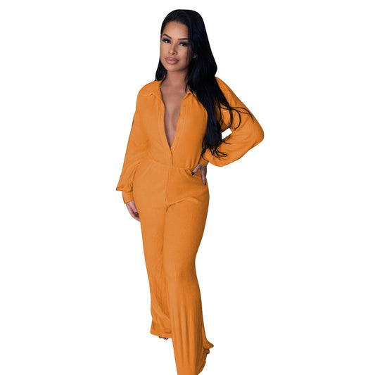 Solid Color Rib Fabric Casual Sexy Loose Slightly Flared Jumpsuit