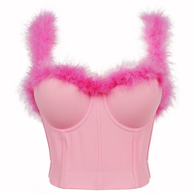 Furry Sexy Pink Girl Heart Bra Outer Wear Women Boning Corset Bra Wrapped Chest without Bunching