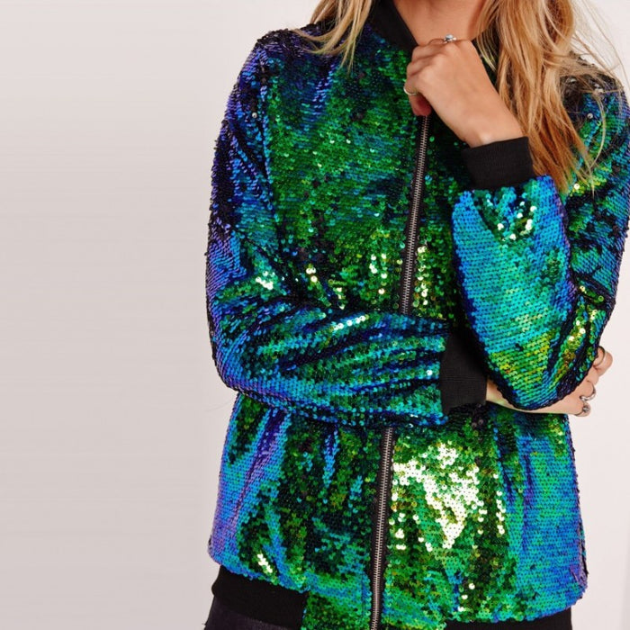 Casual Women Autumn Sequined Jacket plus Size Loose Varsity Jacket Jacket Women Clothing