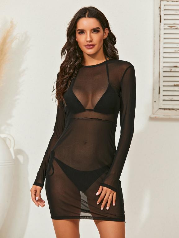Sexy solid mesh women beachwear Long sleeve beachwear Drawstring cover up Elegant