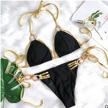 Golden Bandage Sexy Halter Bikini Crystal Diamond Swimsuit