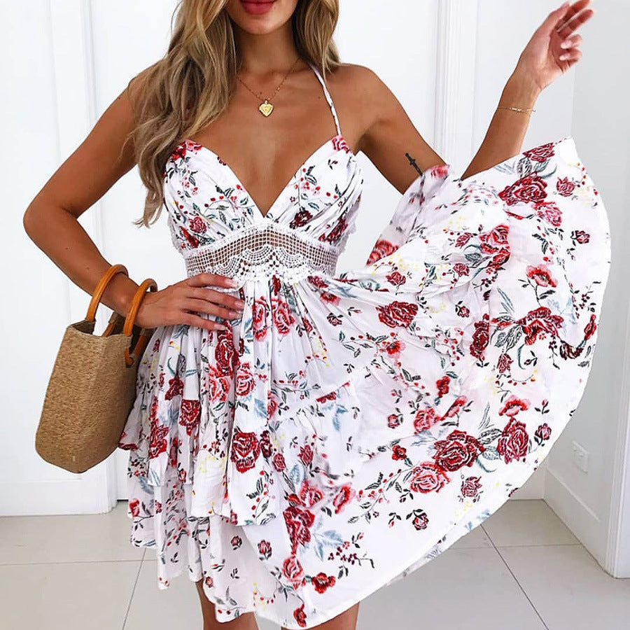 Women Sexy Backless Waist Lace Dress selling Floral print Dress