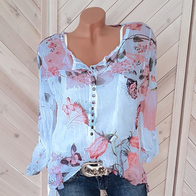 Popular Long Sleeved Printed Shirt V neck Buttons Top Chiffon Shirt Plus Size