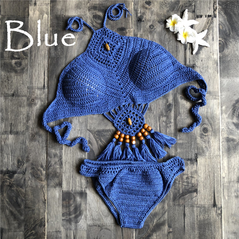 Laceup Hollow Out Cutout Bikini Women Handmade Knitted Split Swimsuit Swimwear