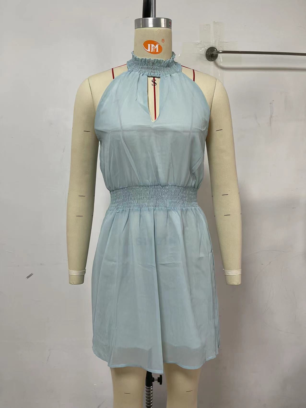 Spring Summer Refreshing Stylish Halter Off-the-Shoulder Tight Waist A- line Short Dress