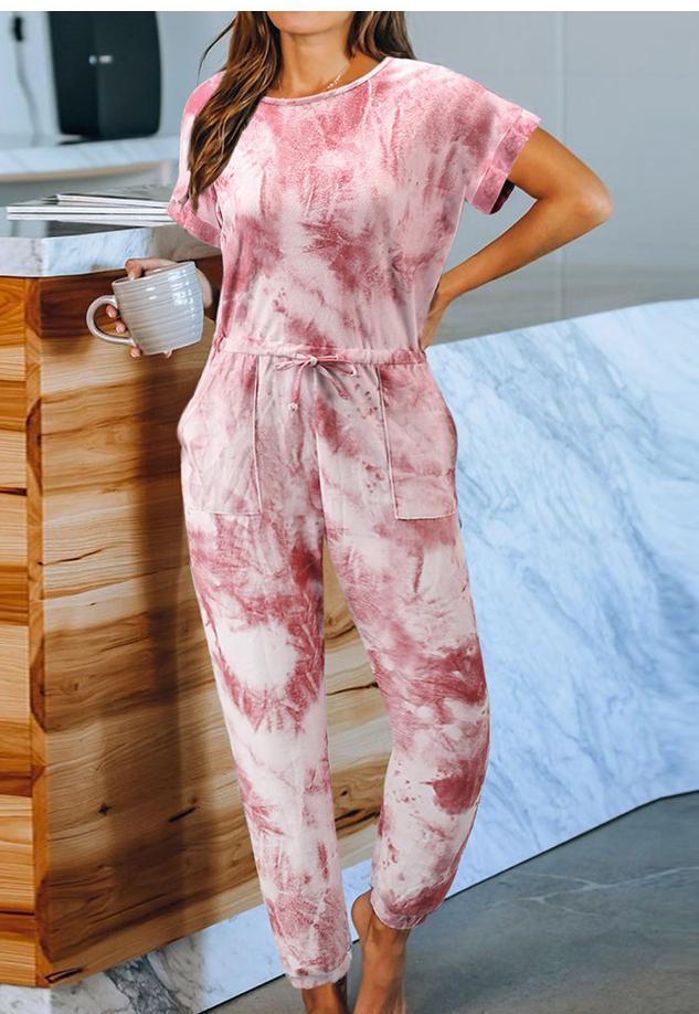 Tie-Dyed One-Piece Pajamas Women Summer Loose Short Sleeve round Neck Ladies Homewear