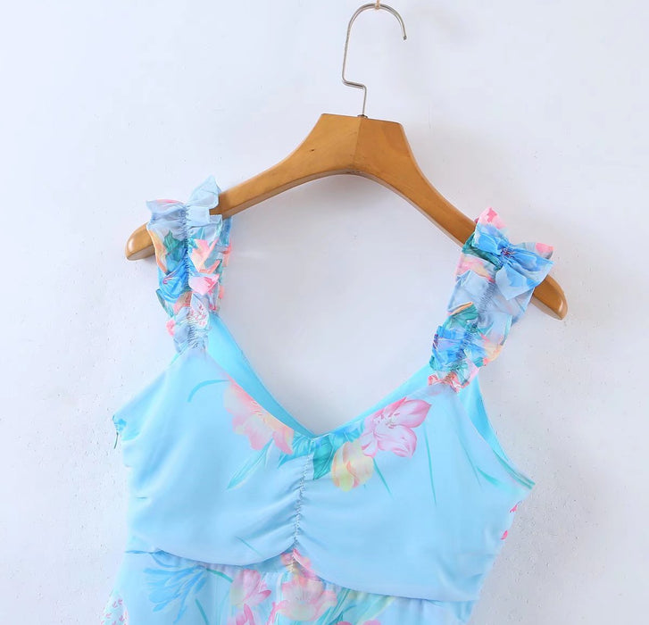 Wooden Ear Floral Print Pleated Ruffled Spaghetti Straps Dress Short Summer Women Clothing